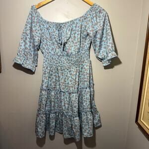 Blush Cottagecore Floral Mini Dress Blue Smocked Waist Boho Milkmaid Prairie M